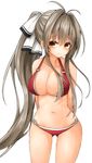  amagi_brilliant_park antenna_hair arms_behind_back bikini blush bow breasts brown_eyes brown_hair cleavage collarbone frown hair_bow highres large_breasts long_hair looking_at_viewer mizushina_minato navel o-ring o-ring_bottom o-ring_top ponytail red_bikini sento_isuzu simple_background skindentation solo swimsuit white_background 