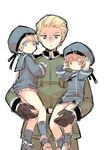  2girls axis_powers_hetalia blonde_hair blue_eyes brown_eyes brown_hair carrying clothes_writing cowboy_shot crossover germany_(hetalia) hat iron_cross kantai_collection military military_uniform multiple_girls sailor_collar sailor_hat short_hair simple_background sketch tobi_(one) uniform white_background z1_leberecht_maass_(kantai_collection) z3_max_schultz_(kantai_collection) 