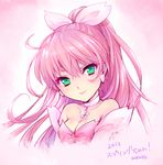  2013 artist_name bare_shoulders bow breasts choker cleavage detached_sleeves earrings green_eyes hair_bow jewelry long_hair looking_at_viewer medium_breasts mizunomoto original pink_hair ponytail smile solo upper_body 