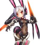  animal_ears bad_id bad_pixiv_id black_gloves breasts bunny_ears bunny_tail bunnysuit choker cleavage covered_navel emil_chronicle_online gloves headgear mecha_musume nakasaki_hydra navel red_eyes ribbon_choker short_hair silver_hair small_breasts solo tail transparent_background 