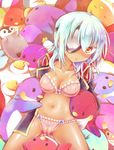  blue_hair blush bra breasts cameltoe dark_skin eyepatch genda_koujirou genderswap genderswap_(mtf) highres inazuma_eleven inazuma_eleven_(series) large_breasts lingerie looking_at_viewer moegi_(honey_122) panties solo sweat toy underwear yellow_eyes 