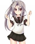  alternate_costume alternate_hairstyle amano_kouki ayanami_(kantai_collection) ayanami_(kantai_collection)_(cosplay) brown_eyes clenched_hands cosplay highres kantai_collection long_hair looking_at_viewer pleated_skirt remodel_(kantai_collection) school_uniform serafuku side_ponytail silver_hair skirt smile solo white_background zuihou_(kantai_collection) 