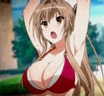  1girl amagi_brilliant_park animated animated_gif armpits bikini bouncing_breasts breasts brown_hair cleavage huge_breasts lowres sento_isuzu sexually_suggestive swimsuit 