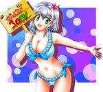  1girl amagi_brilliant_park bikini blue_bikini blush breasts cleavage earrings female green_eyes hair_ornament highres jewelry large_breasts looking_at_viewer muse_(amaburi) navel open_mouth short_hair silver_hair smile solo standing swimsuit thighs 