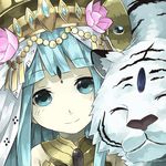  animal bare_shoulders blue_eyes blue_hair closed_mouth face facial_mark flower forehead_mark hat jewelry long_hair looking_at_viewer lotus mosamune parvati_(p&amp;d) puzzle_&amp;_dragons smile solo tiger upper_body white_tiger 