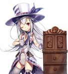  ;) ascot bad_id bad_pixiv_id coat drawer emil_chronicle_online hat index_finger_raised leotard long_hair looking_at_viewer mismatched_footwear mismatched_legwear nakasaki_hydra one_eye_closed purple_eyes silver_hair single_thigh_boot sleeveless_coat smile solo tailcoat thighhighs top_hat white_background white_coat white_legwear white_leotard wrist_cuffs 