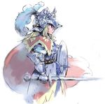  armor bad_id bad_tumblr_id belt black_eyes blonde_hair cape character_request copyright_request feathers gauntlets helmet holding holding_sword holding_weapon knight long_hair matsuda_(matsukichi) plume profile shield solo spikes sword weapon 