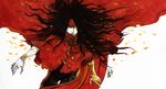  1boy black_hair cloak final_fantasy final_fantasy_vii gauntlets hair_over_one_eye headband jewelry long_hair pale_skin red_cape ring soan9 solo vincent_valentine white_background 