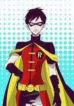  1boy batman_(series) belt black_hair cape dc_comics dick_grayson domino_mask gloves hand_on_hip male_focus mask red_shirt robin_(dc) shirt short_sleeves solo young_justice:_invasion 
