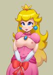  1girl areolae blonde_hair blue_eyes bow breasts breasts_outside crown earrings elbow_gloves female gloves jewelry long_hair mario_(series) medium_breasts nintendo nipples polkin princess_peach solo super_mario_bros. tied_up 