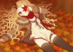 autumn_leaves bad_id bad_pixiv_id black_legwear blonde_hair brown_eyes casual hair_ornament holding leaf long_hair looking_at_viewer lying maple_leaf mirei on_back original red_scarf scarf solo thighhighs 