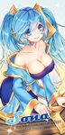  bare_shoulders blonde_hair blue_eyes blue_hair breasts character_name cleavage collarbone etwahl gradient_hair instrument joypyonn large_breasts league_of_legends long_hair looking_at_viewer multicolored_hair smile solo sona_buvelle twintails very_long_hair watermark web_address 