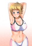  armpits arms_behind_head arms_up bike_shorts blonde_hair blue_eyes blush breasts cleavage covered_nipples gradient gradient_background groin gundam gundam_build_fighters gundam_build_fighters_try hoshino_fumina johnny_(from_scratch) large_breasts looking_at_viewer midriff navel short_hair smile solo sports_bra taut_clothes 