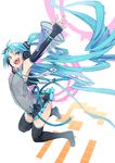  absurdly_long_hair ass blue_eyes blue_hair boots character_name detached_sleeves elbow_gloves fingerless_gloves fu-ta full_body gloves hatsune_miku headphones headset jumping long_hair necktie open_mouth outstretched_arms skirt solo spread_arms thigh_boots thighhighs twintails very_long_hair vocaloid white_background 