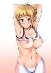  armpits arms_behind_head arms_up bike_shorts blonde_hair blue_eyes blush breasts breasts_outside cleavage gradient gradient_background groin gundam gundam_build_fighters gundam_build_fighters_try hoshino_fumina johnny_(from_scratch) large_breasts looking_at_viewer midriff navel nipples shirt_lift short_hair smile solo sports_bra 