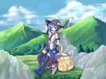  alternate_hair_length alternate_hairstyle backpack bag blue_hair boots bottle bow cloud day food fruit grass grin hat highres hinanawi_tenshi ko_kita minigirl mountain multiple_girls nagae_iku neckerchief peach purple_hair red_eyes ribbon scarf short_hair sky smile sword_of_hisou thighhighs touhou 