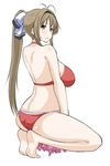  amagi_brilliant_park antenna_hair ass back barefoot bikini brown_eyes brown_hair embarrassed feet full_body halterneck kneeling long_hair norakuro_nero o-ring o-ring_bikini pom_poms ponytail red_bikini sento_isuzu skindentation solo sweatdrop swimsuit tiptoes white_background 