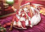  aqua_eyes bed bell big_wednesday blush boots box breasts brown_hair christmas cleavage cleavage_cutout hat light_smile long_hair midriff navel on_bed original panties pantyshot pantyshot_(sitting) red_legwear sack santa_costume santa_hat sitting small_breasts solo thighhighs underwear 