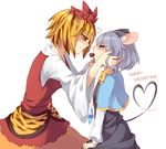  animal_ears blonde_hair blush capelet chocolate chocolate_heart closed_eyes english food grey_hair hair_ornament happy_valentine heart kozakura_(dictionary) mouse_ears mouse_tail mouth_hold multicolored_hair multiple_girls nazrin red_eyes short_hair simple_background tail text_focus toramaru_shou touhou two-tone_hair valentine white_background yuri 