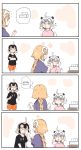  3girls 4koma ^_^ absurdres ahoge black_shirt blonde_hair blush_stickers bow braid brown_eyes closed_eyes closed_mouth comic crossed_arms eyes_closed fate/grand_order fate_(series) flying_sweatdrops green_bow hair_bow highres jeanne_d&#039;arc_(alter)_(fate) jeanne_d&#039;arc_(fate) jeanne_d&#039;arc_(fate)_(all) jeanne_d&#039;arc_alter_santa_lily light_brown_hair long_hair long_sleeves multiple_girls orange_shorts parted_lips pink_shirt profile purple_eyes purple_shirt ranf shirt short_over_long_sleeves short_shorts short_sleeves shorts silent_comic single_braid snot spoken_object striped striped_bow tissue_box translation_request very_long_hair wavy_mouth white_hair 
