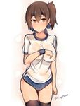  alternate_costume black_legwear blush breasts brown_eyes brown_hair buruma gym_uniform headband highres hiiragi_hajime kaga_(kantai_collection) kantai_collection large_breasts looking_at_viewer see-through short_hair side_ponytail simple_background sketch solo sweat thighhighs white_background wristband 