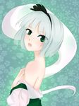  bare_shoulders covering covering_breasts floral_background from_side green_background green_eyes hair_ribbon hairband highres konpaku_youmu konpaku_youmu_(ghost) looking_at_viewer looking_to_the_side nape open_mouth patterned_background ribbon shirt_down short_hair silver_hair solo touhou twor upper_body 