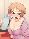  blush bottle bra breasts brown_hair cleavage downblouse drunk large_breasts lips off-shoulder_sweater open_mouth original sake_bottle short_hair solo sweater textless tsukudani_(coke-buta) tsurime tsurime-chan underwear 