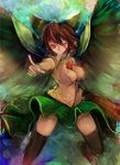  abstract_background arm_cannon black_legwear black_wings bow breasts brown_hair bursting_breasts cape cleavage collared_shirt feathered_wings feet_out_of_frame green_skirt hair_bow highres index_finger_raised kami_amane_kurohime large_breasts large_wings looking_at_viewer messy_hair miniskirt open_clothes open_shirt parted_lips red_eyes reiuji_utsuho shirt skirt sleeveless sleeveless_shirt solo spread_wings thighhighs third_eye touhou weapon white_shirt wind wind_lift wings zettai_ryouiki 