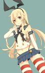  anchor blonde_hair elbow_gloves gloves green_eyes hair_ornament hairband kantai_collection long_hair looking_at_viewer navel sailor_collar shimakaze_(kantai_collection) solo thighhighs yugake_(mrnmrm) 