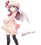  akayan bad_id bad_pixiv_id bat_wings character_name dress frilled_dress frills hat highres lavender_hair long_sleeves mob_cap red_eyes remilia_scarlet short_hair solo thighhighs touhou twitter_username white_background wings zettai_ryouiki 