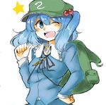  1girl backpack bag blue_eyes blue_hair blue_shirt hair_bobbles hair_ornament hand_on_hip hat kawashiro_nitori key looking_at_viewer one_eye_closed open_mouth pointing pointing_at_self shirt short_hair short_twintails solo touhou twintails two_side_up 