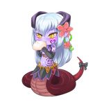  alisfieze_fateburn_xvi bare_shoulders bow chibi dumpling eating elbow_gloves flower food full_body gloves hair_flower hair_ornament horns jing_li lamia long_hair mon-musu_quest! monster_girl navel pointy_ears purple_skin scales solo tail tail_bow tattoo transparent_background very_long_hair white_hair yellow_eyes 