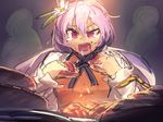  ^_^ apple_pie black_ribbon chain closed_eyes crowd eating flower food hair_flower hair_ornament highres holding long_hair melon22 open_mouth plate purple_eyes purple_hair ribbon saliva solo_focus table tears touhou tsukumo_benben twintails uneven_eyes 