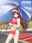  breasts brown_eyes brown_hair future_gpx_cyber_formula long_hair medium_breasts onaya_masakazu open_mouth race_queen racetrack smile solo sugou_asuka umbrella 