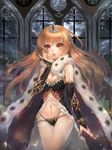  absurdres bad_id bad_pixiv_id breasts bridal_gauntlets brown_hair catbii cleavage cowboy_shot fangs fingernails frills full_moon fur_trim g-string highres long_hair looking_at_viewer medium_breasts moon navel open_mouth original panties pointy_ears red_eyes solo thong tiara underwear window 