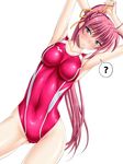  ? alternate_costume armpits arms_up blue_eyes blush breasts collarbone competition_swimsuit covered_navel cowboy_shot dutch_angle hair_ribbon highres impossible_clothes impossible_swimsuit long_hair lyrical_nanoha mahou_shoujo_lyrical_nanoha mahou_shoujo_lyrical_nanoha_a's medium_breasts one-piece_swimsuit pink_hair pink_swimsuit ponytail ribbon sen_(sansui) signum solo spoken_question_mark swimsuit very_long_hair white_background 