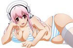  absurdres blush bra breasts cleavage hand_on_own_cheek headphones highres large_breasts long_hair looking_at_viewer lying navel nitroplus on_side open_mouth panties pink_hair red_eyes skindentation solo soniani striped striped_bra striped_panties super_sonico tamura_masafumi thighhighs transparent_background underwear underwear_only vector_trace 