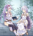  2girls belt black_legwear book bridal_gauntlets detached_sleeves dress fire_emblem fire_emblem:_seisen_no_keifu fire_emblem_heroes high_heels highres holding holding_book long_hair mememefe multiple_girls nintendo no_socks open_book open_mouth parted_lips ponytail purple_eyes purple_hair sandals side_slit sitting tiltyu_(fire_emblem) yuria_(fire_emblem) 