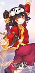  :3 annie_hastur black_hair blush character_name chinese_clothes double_bun fighting_stance joypyonn league_of_legends leg_up looking_at_viewer outstretched_arms panda short_hair solo spread_arms watermark web_address yellow_eyes 