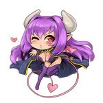  alma_elma bare_shoulders blown_kiss breasts bridal_gauntlets cape chibi demon_girl demon_tail demon_wings full_body heart horns jing_li large_breasts long_hair mon-musu_quest! one_eye_closed pointy_ears purple_hair red_eyes solo succubus tail tattoo thighhighs tongue tongue_out torn_clothes transparent_background very_long_hair wings 