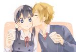  1girl bad_id bad_pixiv_id black_hair blue_eyes brown_hair closed_eyes hetero kiss kitashirakawa_tamako long_hair ooji_mochizou school_uniform short_hair string_phone tamako_love_story tamako_market twintails wenlu_an 