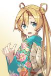  1girl abukuma_(kantai_collection) aqua_kimono bangs blonde_hair circle commentary_request double_bun floral_print gradient gradient_background hair_between_eyes hair_rings happy_new_year highres japanese_clothes kantai_collection kimono long_hair looking_at_viewer negahami new_year print_kimono simple_background solo upper_body yellow_background 