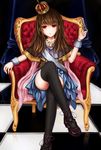  aaeru bangs black_legwear blunt_bangs brown_hair capelet checkered checkered_floor chess_piece crossed_legs crown dress highres jewelry long_hair looking_at_viewer original red_eyes reflection ring serious sitting skirt solo thighhighs throne thumb_ring wrist_cuffs 