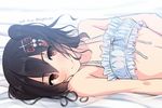 bangs bare_shoulders black_hair brown_eyes cinderella_bust collarbone dated frills hair_ornament highres hiiragi_hajime kantai_collection long_sleeves looking_at_viewer sendai_(kantai_collection) smile solo twitter_username underwear underwear_only 