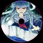  album_cover blue_dress breasts cover dress grin hat kamishirasawa_keine large_breasts long_hair looking_at_viewer neckerchief open_mouth red_eyes scroll shirt silver_hair sinzan smile solo touhou very_long_hair 