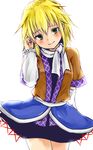  arm_warmers backlighting blonde_hair blush deredere green_eyes hair_tucking happy highres looking_at_viewer lovestruck mizuhashi_parsee monrooru playing_with_own_hair pointy_ears robe scarf skirt solo touhou 
