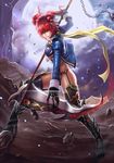  banned_artist boots breasts chain cloud commentary garter_straps gloves hair_ornament highres jacket large_breasts looking_at_viewer moon onozuka_komachi open_clothes open_jacket red_eyes red_hair scythe short_hair solo thighhighs touhou two_side_up underboob yinan_cui 