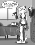  animate_inanimate anthro bed bra breasts canine clothed clothing dialogue dresser female fox fursuit getting_dressed inside lamp legwear mammal naughtycatnick panties slippers speech_bubble stockings text underwear upside_down what window 