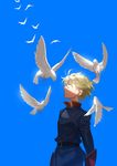  aldnoah.zero animoool bad_id bad_pixiv_id bird blonde_hair blue_background day dove flock gloves green_eyes male_focus military military_uniform simple_background sky slaine_troyard solo uniform 