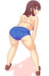  1girl ass back bare_shoulders bent_over blush bra breasts brown_hair denim denim_shorts from_behind full_body leaning leaning_forward loafers long_hair looking_back medium_breasts open_mouth original purple_eyes sakaura sakaura_(layer255) shadow shiny shiny_skin shoes short_shorts shorts smile underwear 